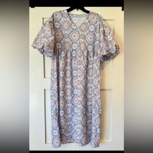 Elegant Blue and Pink Patterned Dress